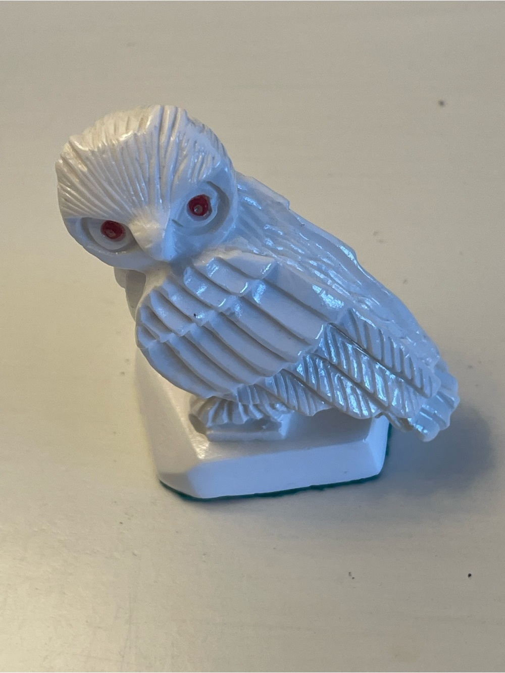 White Alabaster Owl with Red Eyes Vintage Hand Carved Italy